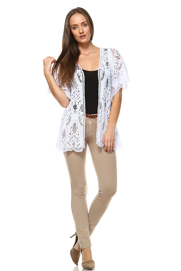 Cotton Front Open Lace Cardigan - White