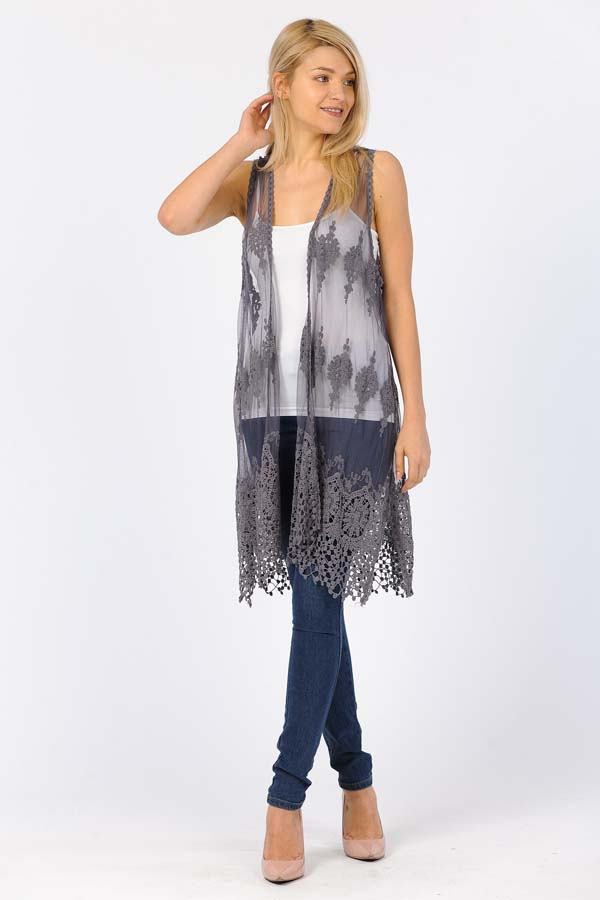 Front Open Lace Duster/Charcoal/Grey with Charcoal/Grey Crochet Work