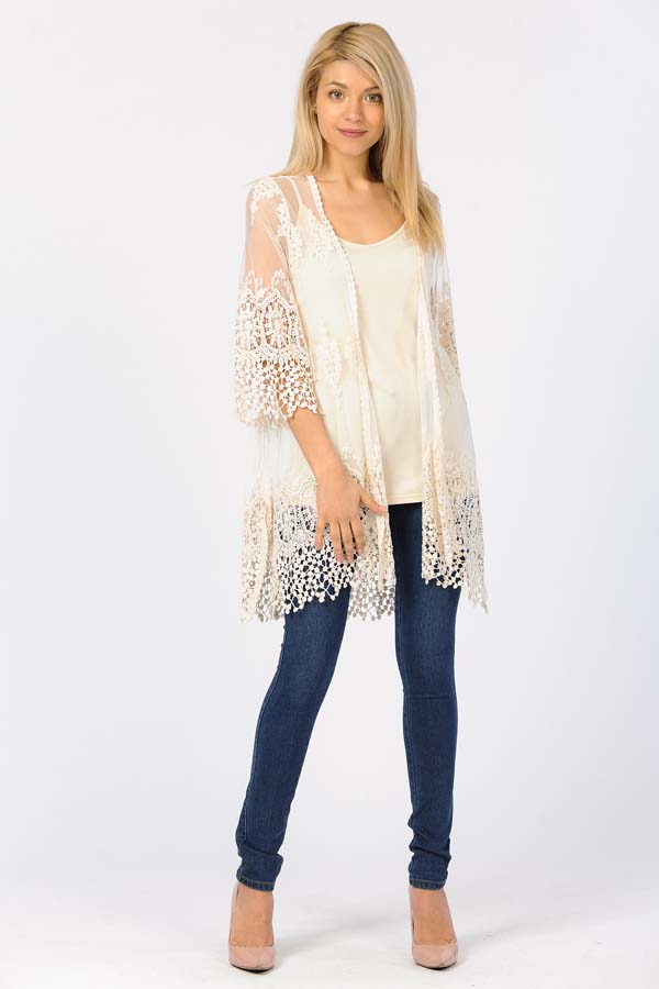 Front Open Lace Duster-Natural/With Natural Crochet Work