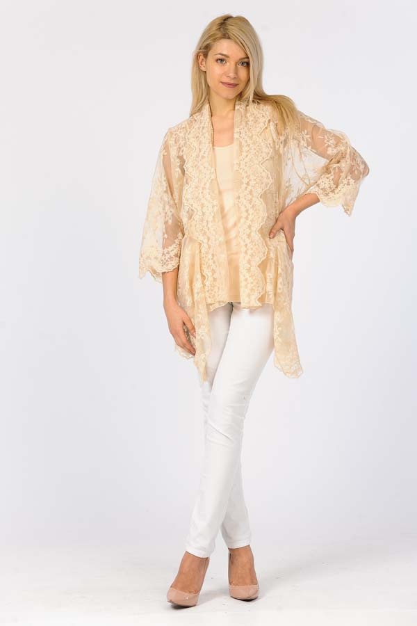 Embroidery Net Cardigan with Cami-Natural