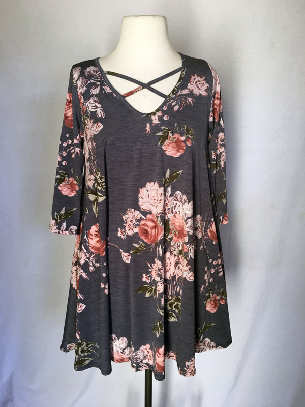 Printed Tunic short dress - Grey with Pink Flower