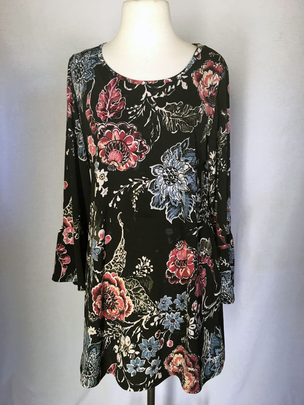 Printed Tunic short dress - Black with Pink & Blue Flowers