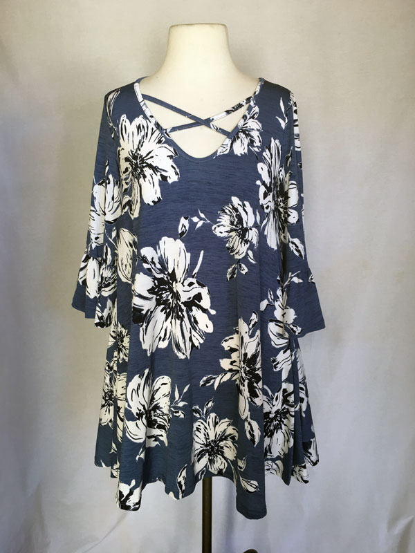 Printed Tunic short dress - Blue with White Flower