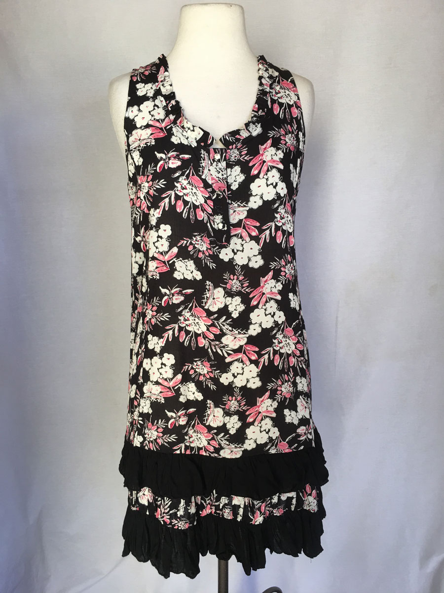 Ruffle Print Sleeveless short dress - White with Pink flowers & Black Ruffle