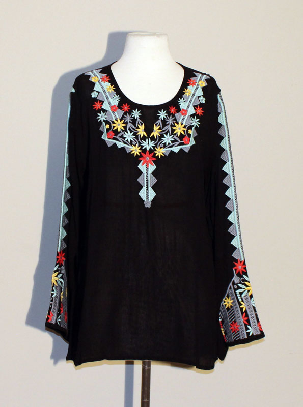Long Sleeve Black Tunic Top with Multi Color Embroidery