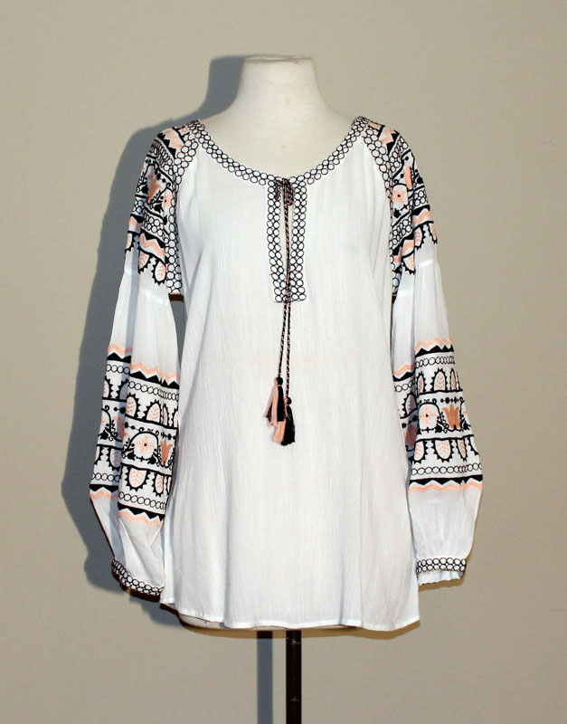 Long Sleeve White Tunic Top with Multi Color Embroidery