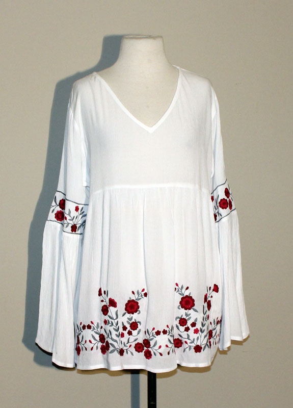 Long Sleeve White Tunic Top with Red / Grey Embroidery