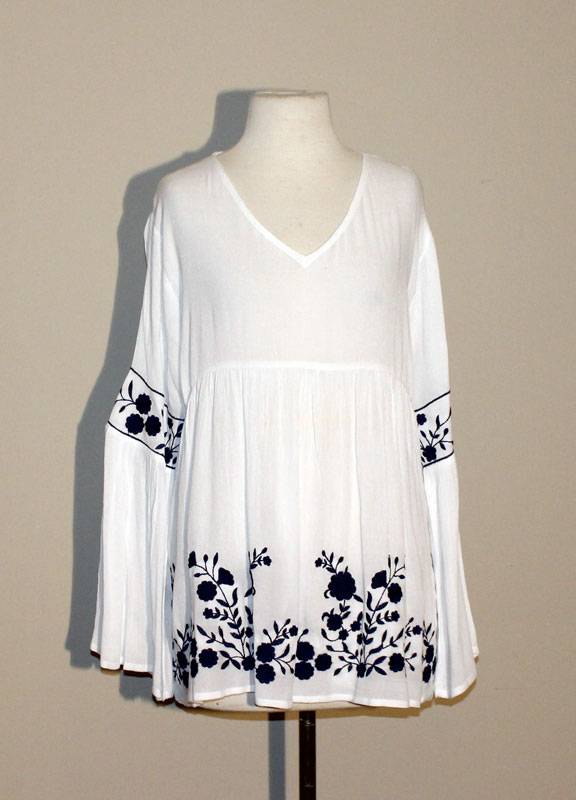 Long Sleeve White Tunic Top with Royal Blue Embroidery