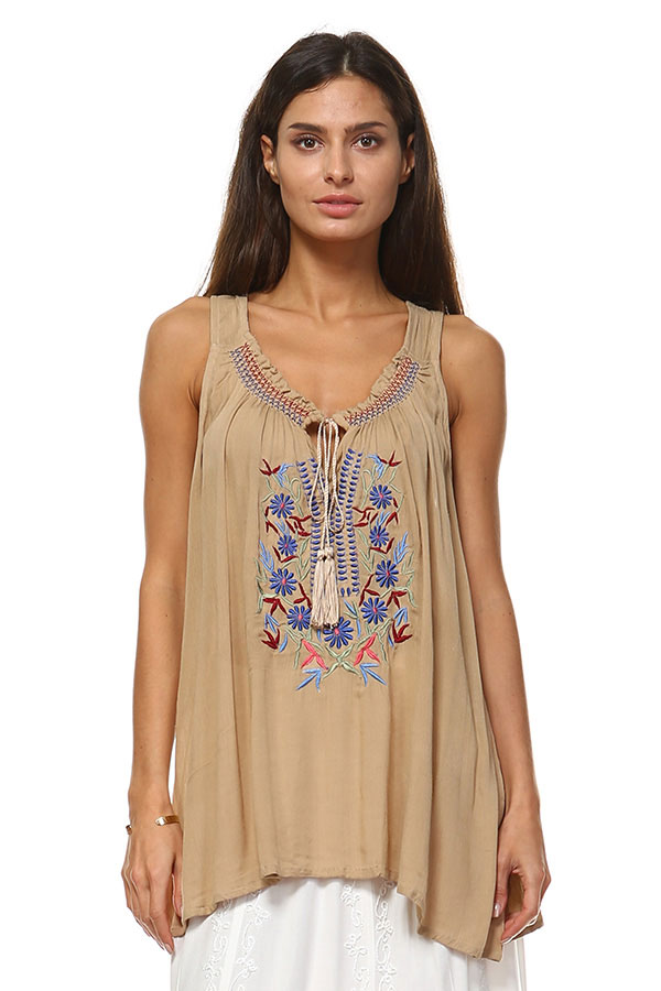 Embroidery Tank Top - Sand