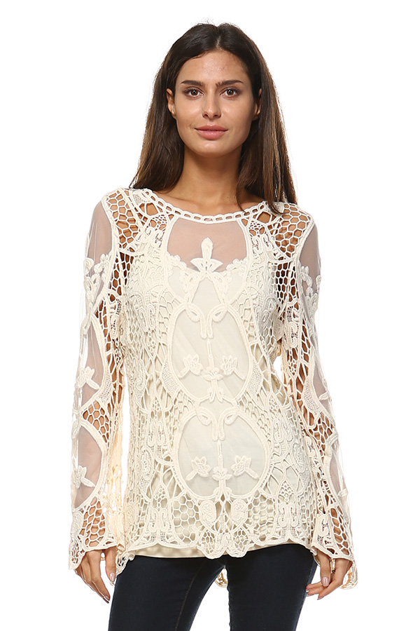 Full Sleeve Mesh Tunic Top with Crochet Work - Natural