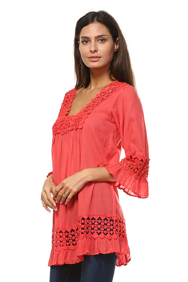 100% Cotton Lace Tunic Top - Coral