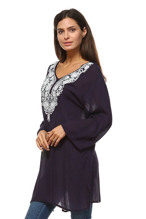 Long Sleeve Navy Tunic Top with Blue Embroidery