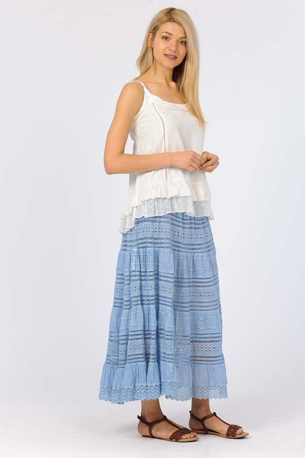Cotton Long Lace Skirt - Blue