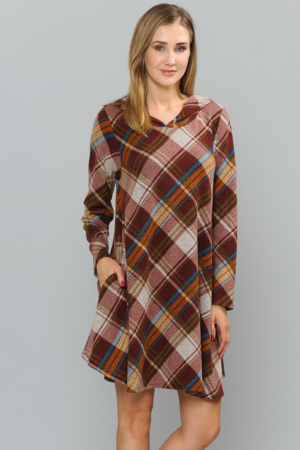 PLAID HUDDY DRESS BURGUNDY/W RUST