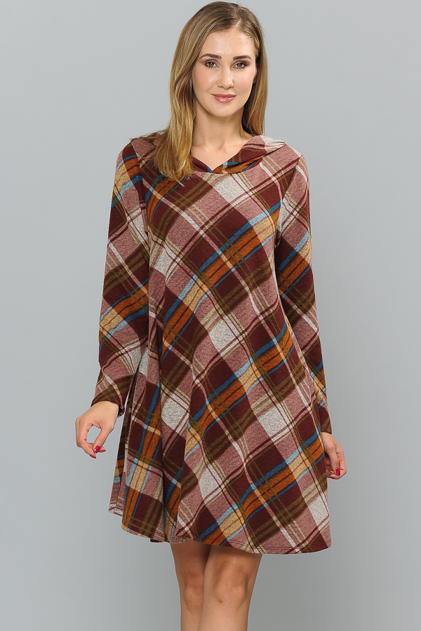 PLAID HUDDY DRESS BURGUNDY/W RUST