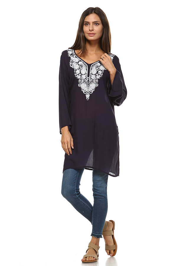 Long Sleeve Navy Tunic Top with Blue Embroidery