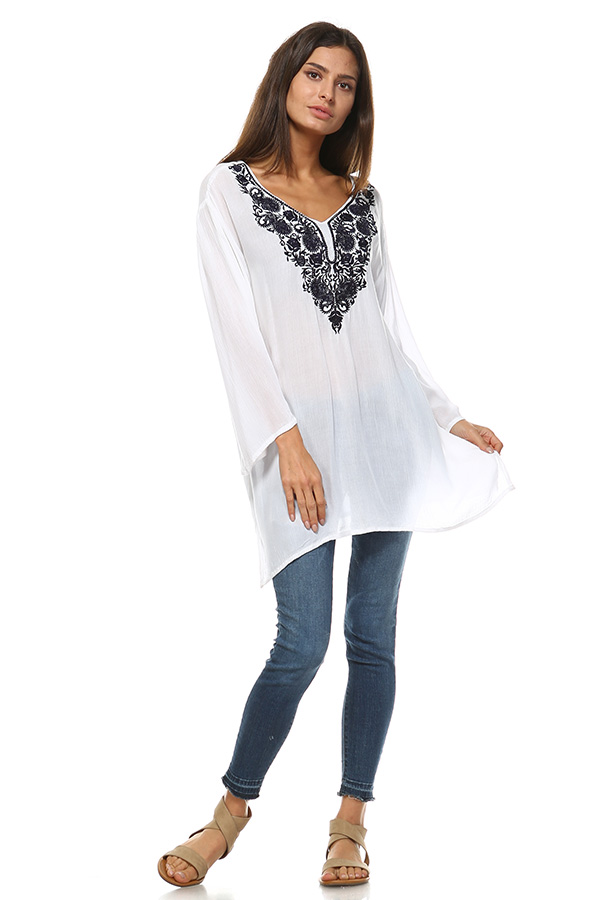 Long Sleeve White Tunic Top with Blue Embroidery